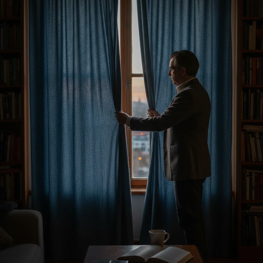 A man drawing the curtains at dusk to wind down for a good night of sleep