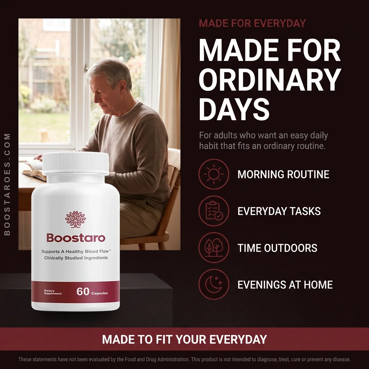 Boostaro is made for ordinary days: adult men supporting blood flow alongside diet and exercise