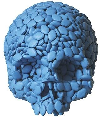 A skull built from pills, a reminder that more supplements is not always the answer