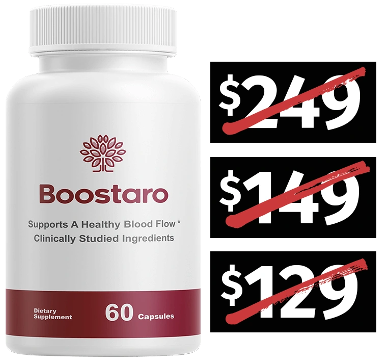 Boostaro bottle beside its everyday value, 60 capsules per bottle
